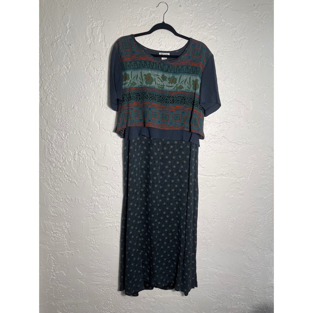 K Studio Popover Layered Dress Womens 12 Blue Green Abstract Boho Midi Rayon